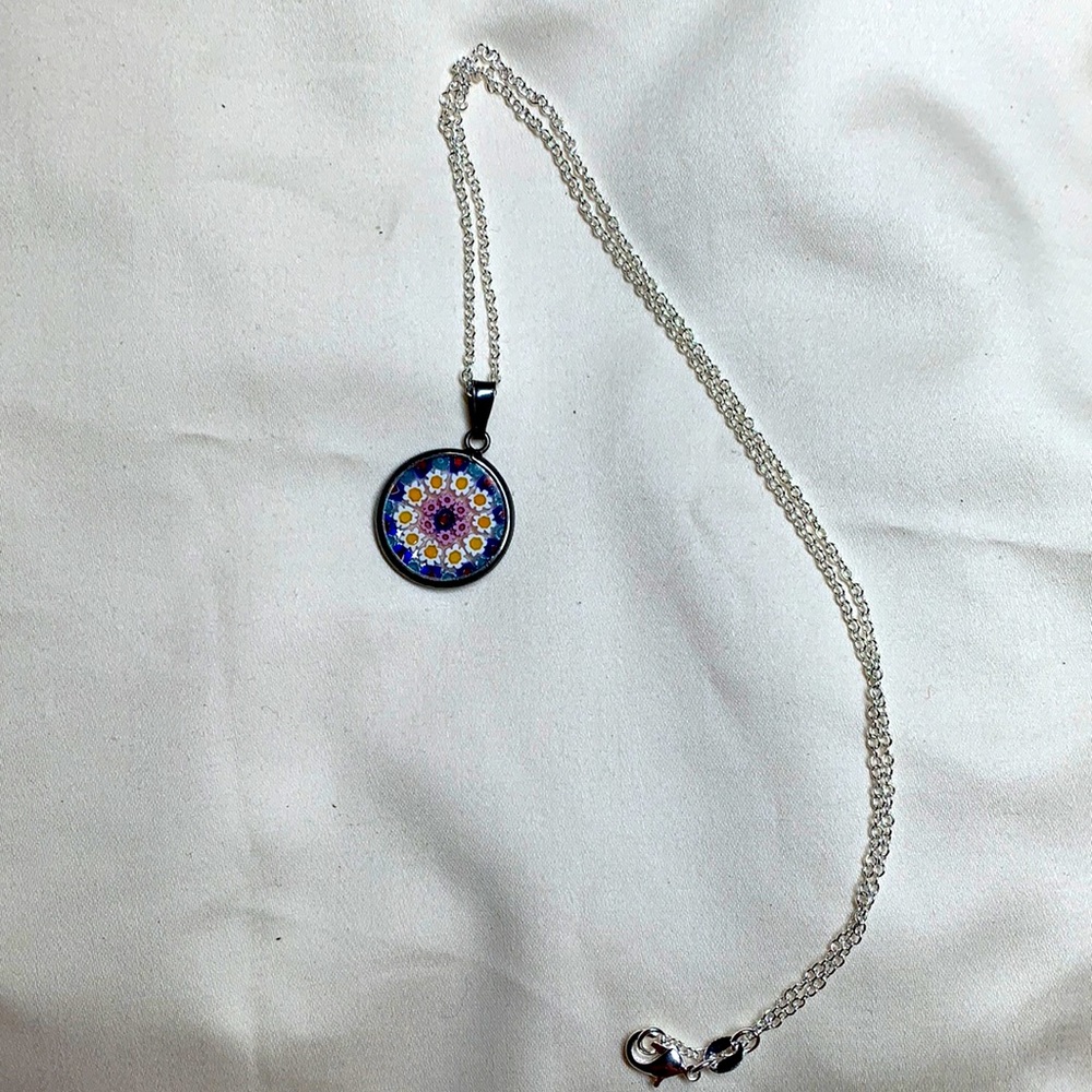 Italian 925 silver pendant with milllefiori glass on 925 silver chain